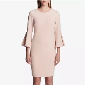 Calvin Klein Sheath Dress Blush Pink Size 8 Bell Sleeves Lined Stretch Career